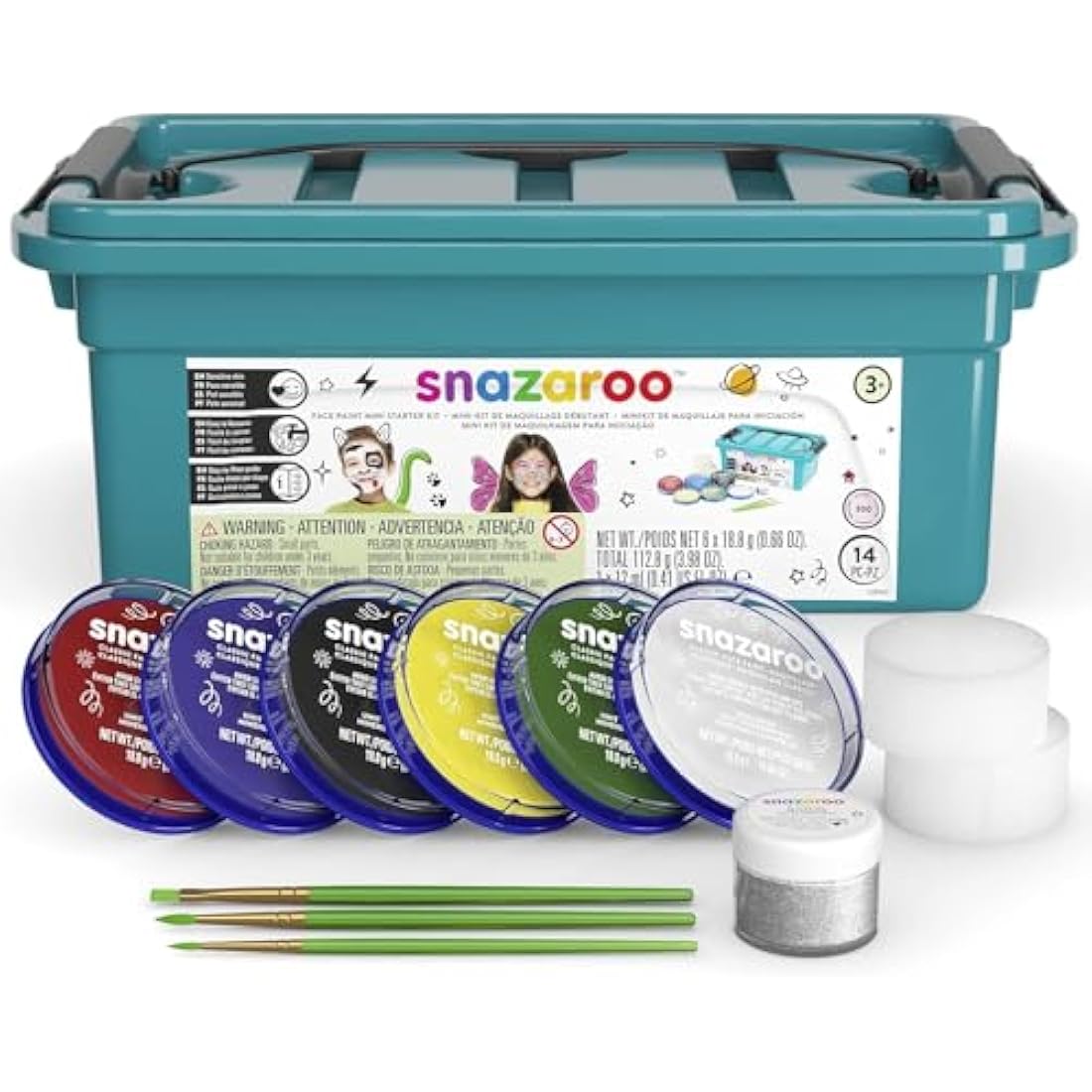 Snazaroo Face Paint Mini Starter Kit for Kids and Adults, 14 Pieces, 6 Colours, 1 Glitter Gel, Brushes, Sponges, Guide, Water Based, Easily Washable, Makeup, Body Painting