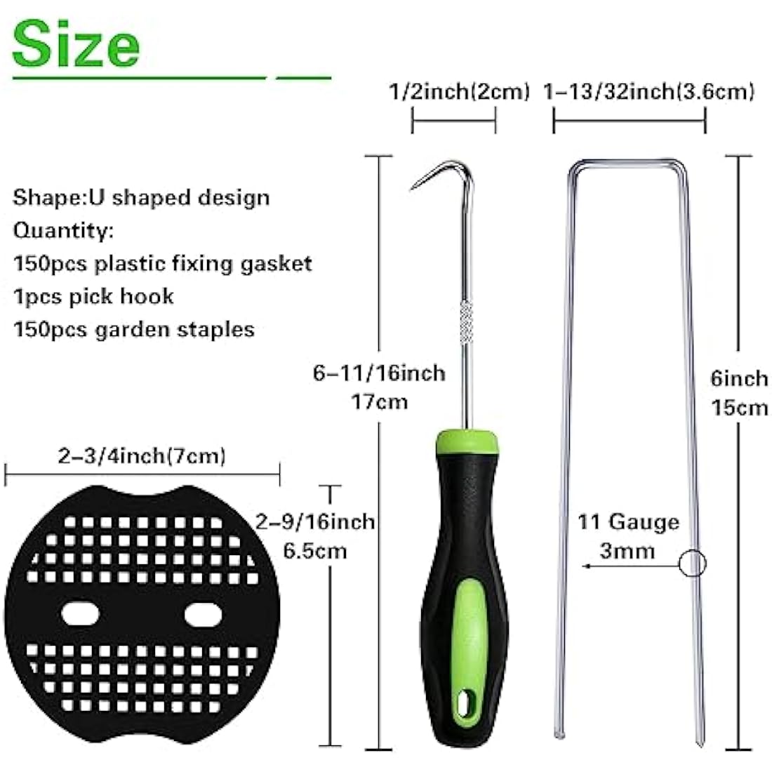 Bakulyor 150 Weed Control Membrane Pegs + 150 Buffer Washer, 6"/150mm Metal Garden Landscape Staples, Artificial Grass Pins, Ground Cover Mossing Fabric Barrier Accessories