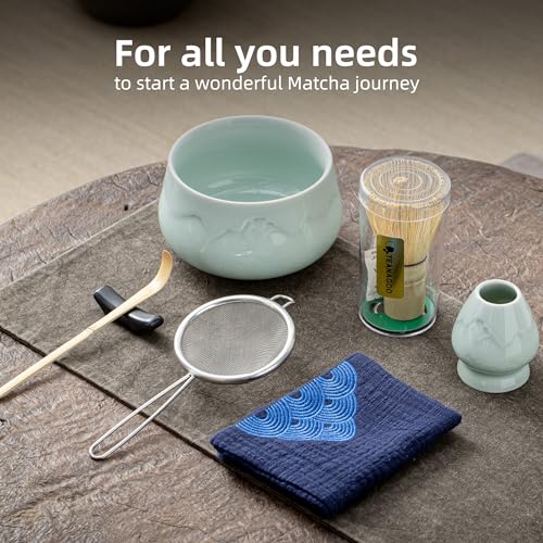 TEANAGOO Matcha Set (7pcs) Matcha Whisk Mtacha Kit Matcha Bowl with Pouring Spout Bamboo Matcha Whisk (Chasen) Scoop (chashaku) Whisk Holder. N26,