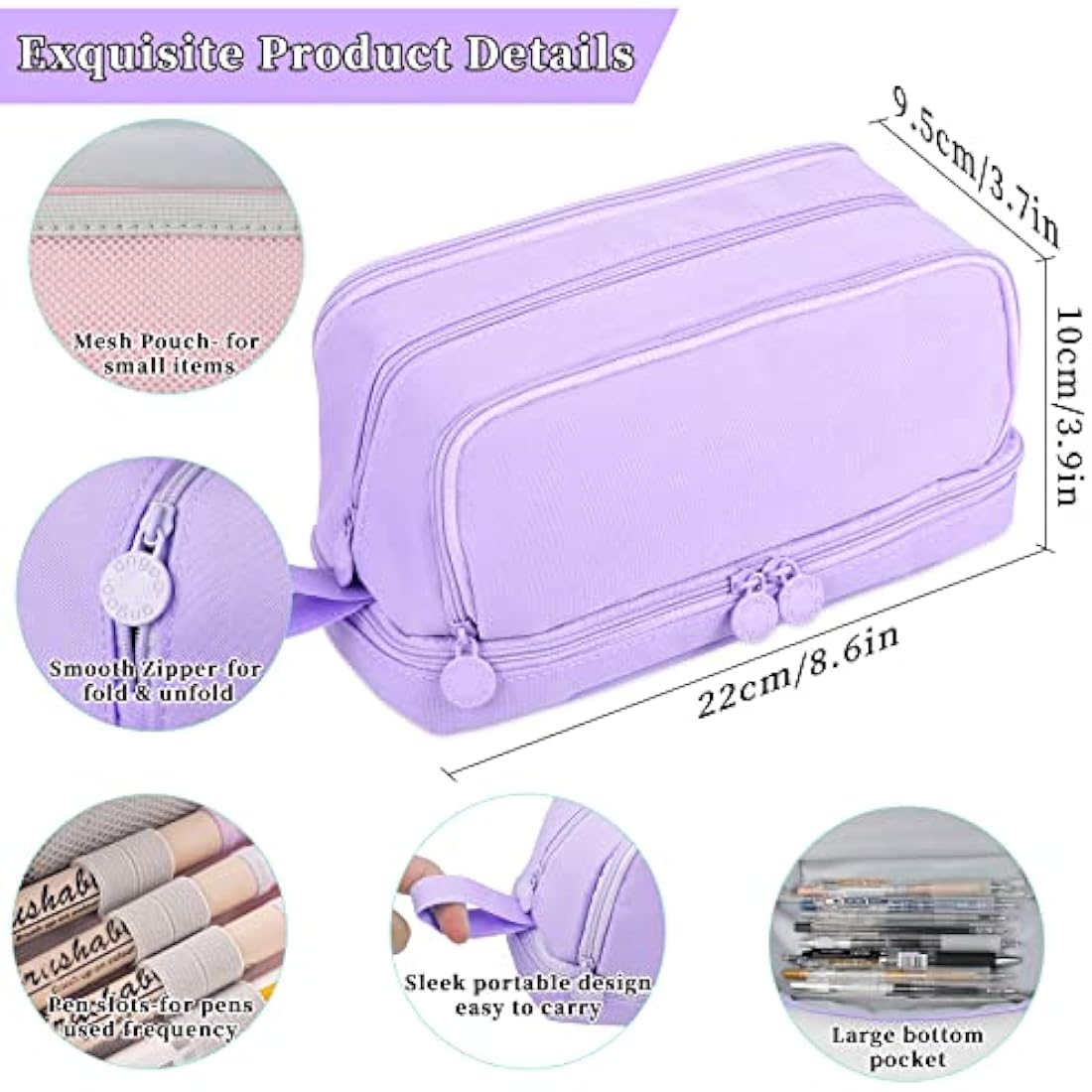Tesmien Pencil Case, Large Pencil Case with 4 Compartments Stationery Organizer for Boys and Girls, Aesthetic Pencil Bag Suitable for Kids Teenagers Students Women Men, Purple