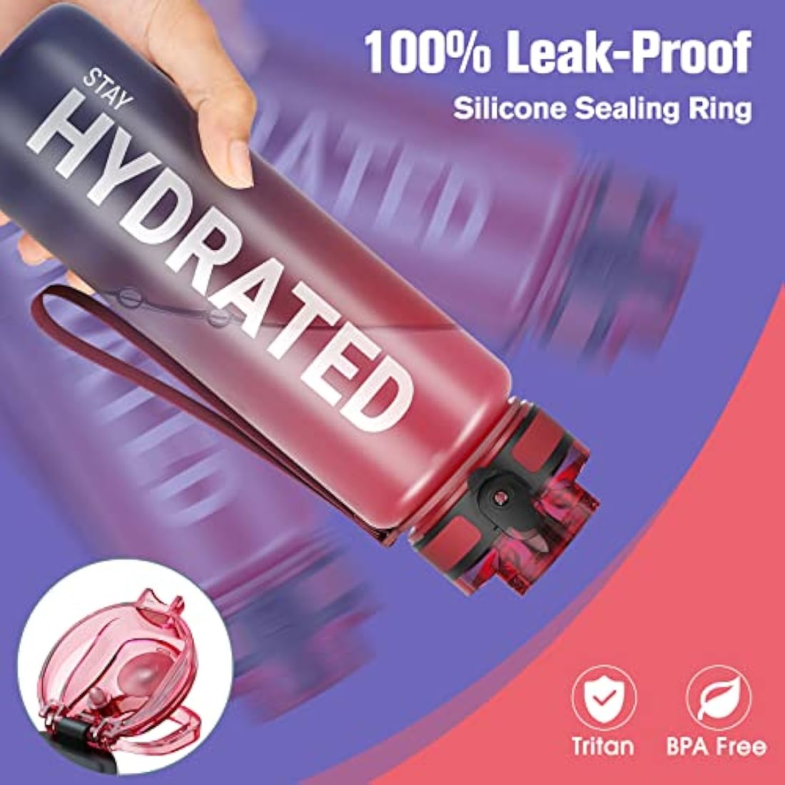 Sahara Sailor Leakproof Water Bottle 1L/500ML/750ML, Tritan BPA Free Motivational Sport Drinks Bottle with Clear Time Marker, Lock Cover, Easy Clean Brush, Durable for Gym, School, Cycling (1 Bottle)