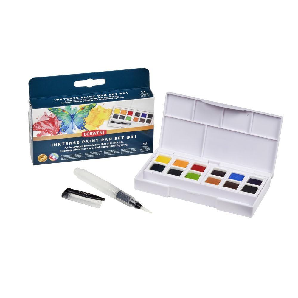 Derwent Inktense Paint 12 Pan Palette #1, Set of 12, Half Pan Size, Water-Soluble, Ideal for Painting & Crafts on Paper & Fabric, Professional