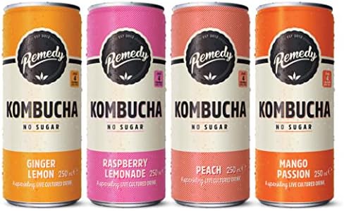 Remedy Kombucha Tea - 4 Flavour Mixed Pack - Sparkling Live Cultured Drink - Naturally Sugar Free Soft Drink - Prime Probiotic Drink for Gut Health - 24 x 250ml