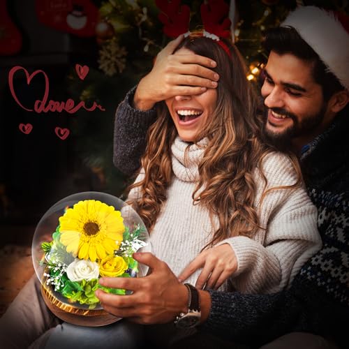 Touloube Mothers Day Chrysanthemum Flowers Gifts for Women, Real Stabilized Sunflower Glass Dome, Eternal Sunflower with LED Lights&Gift Box, Advanced