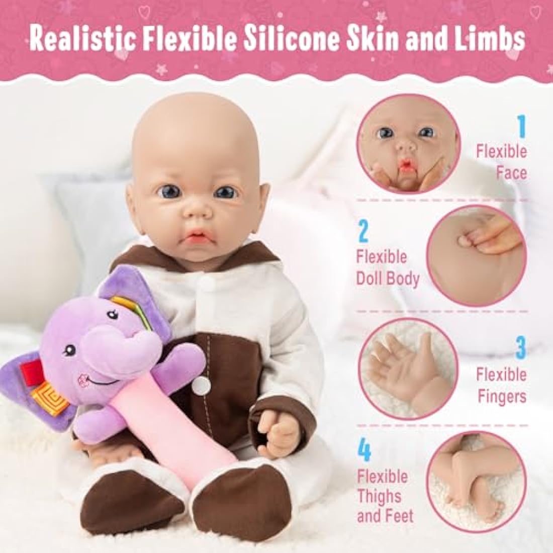 Vollence 16 inch Full Silicone Baby Doll with Open Eyes, Realistic Newborn Doll with Feeding Set for Kids - Girl