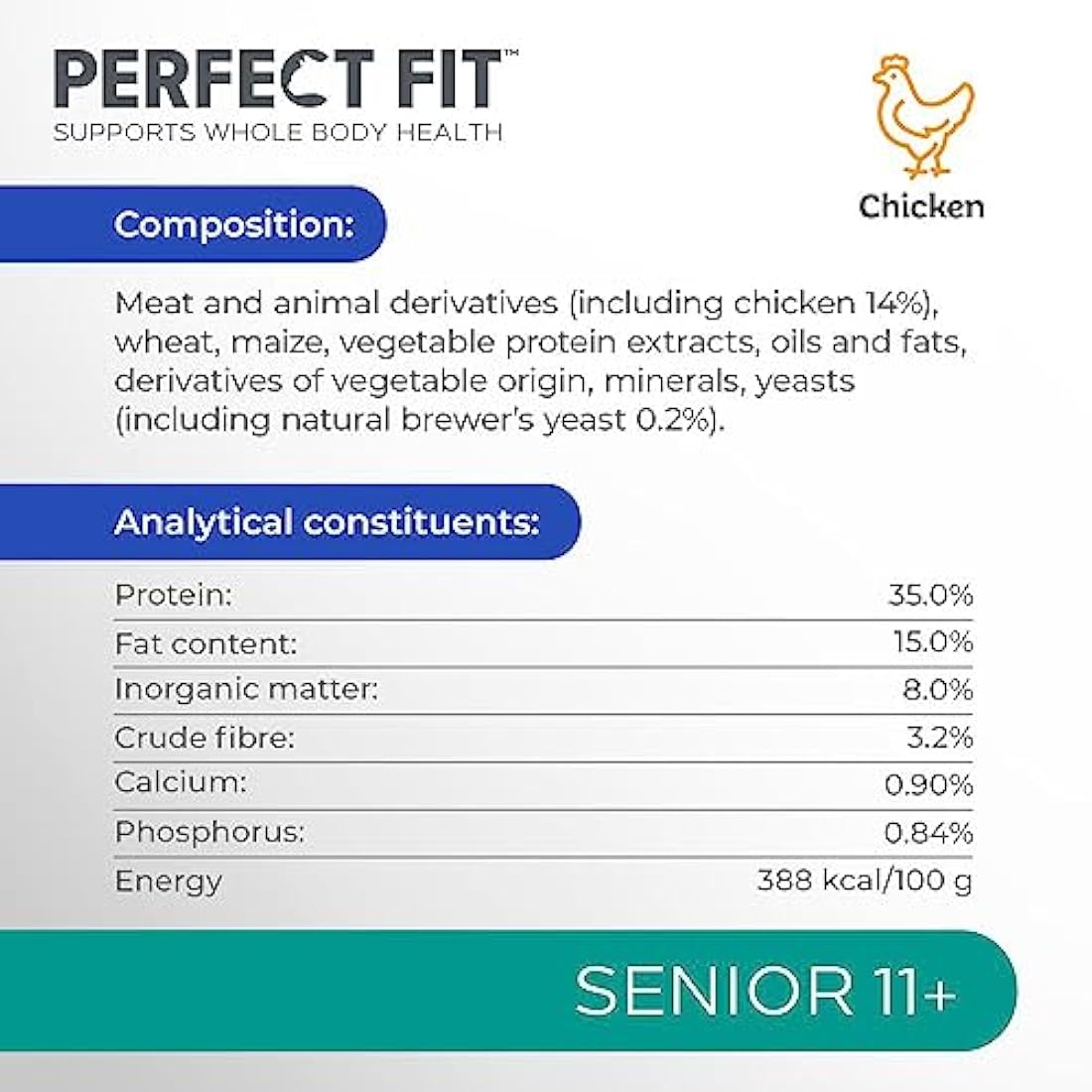 Perfect Fit Senior 11+ Complete Dry Cat Food for Senior Cats Aged 11+ Years, Rich in Chicken, 3 Bags (2.8 kg)