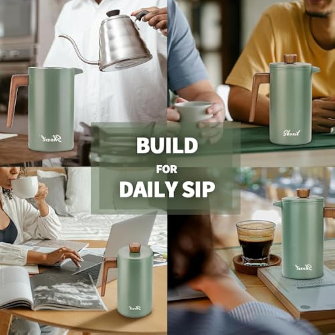 shoxil French Press Coffee Maker, 34oz Stainless Steel Green Coffee Press Real Wood Handle, Double Wall Insulated French Coffee Press with Dual-Filter Screen, Perfect for Camping & Kitchen Use