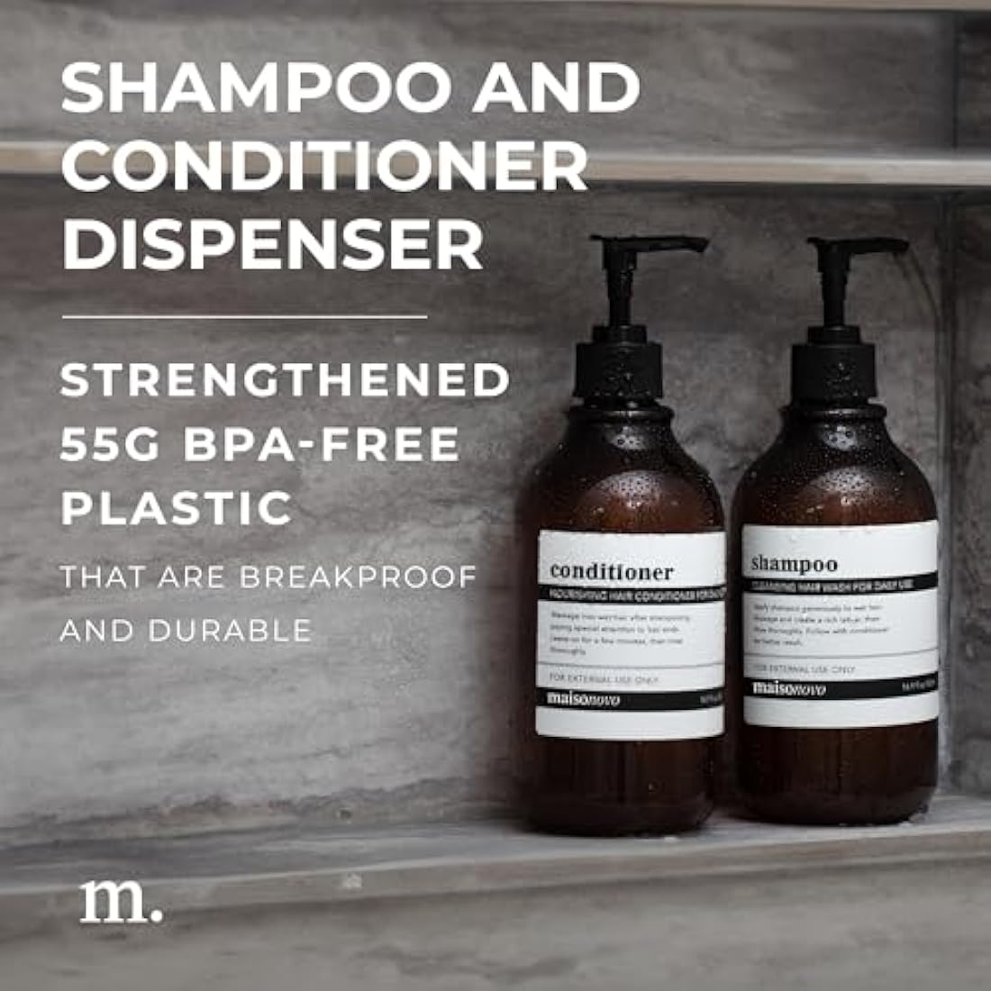 MaisoNovo Refillable Shampoo and Conditioner Bottles - Set of 3, 500ml Amber Plastic Bottle and Black Pump - Shampoo and Conditioner Bottles with Labels - Shower Gel Dispenser