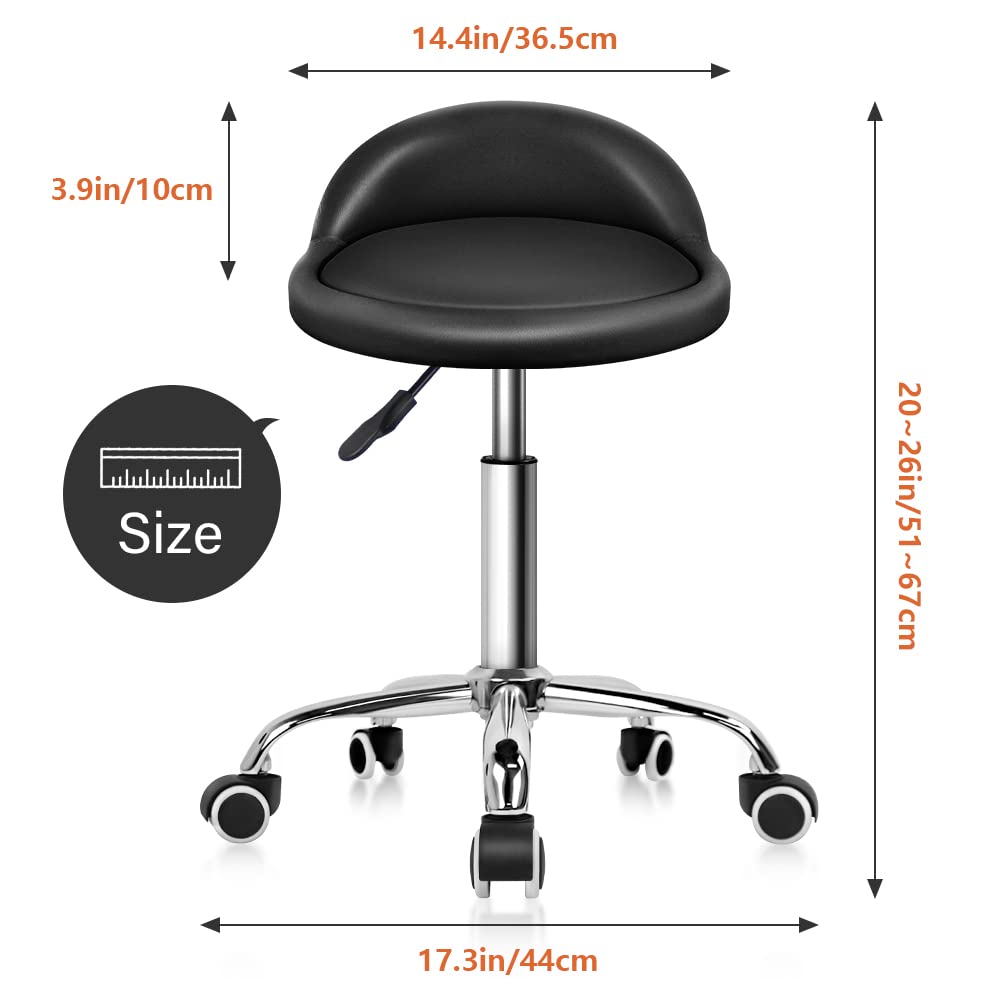 KKTONER PU Leather Round Rolling Stool with Back Rest Height Adjustable Swivel Drafting Work SPA Task Chair with Wheels (Black)