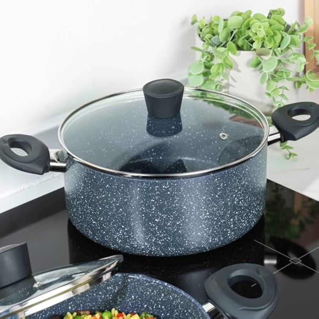 Russell Hobbs RH03410EU7 Nightfall Stone 28cm Stockpot - Non-Stick Saucepan, Tempered Glass Lid, Induction Safe, Durable Aluminum Cookware, Soup Pan, Easy Clean
