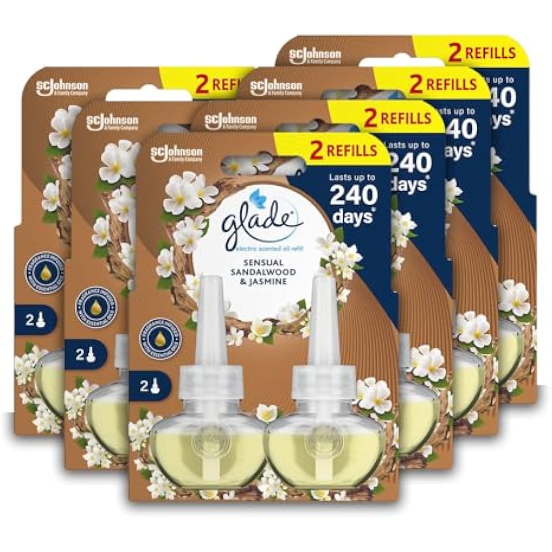 Glade Plug in Air Freshener Refill, Electric Scented Oil Room Air Freshener, Sandalwood & Jasmine, Pack of 6 Duos (12 x 20ml)