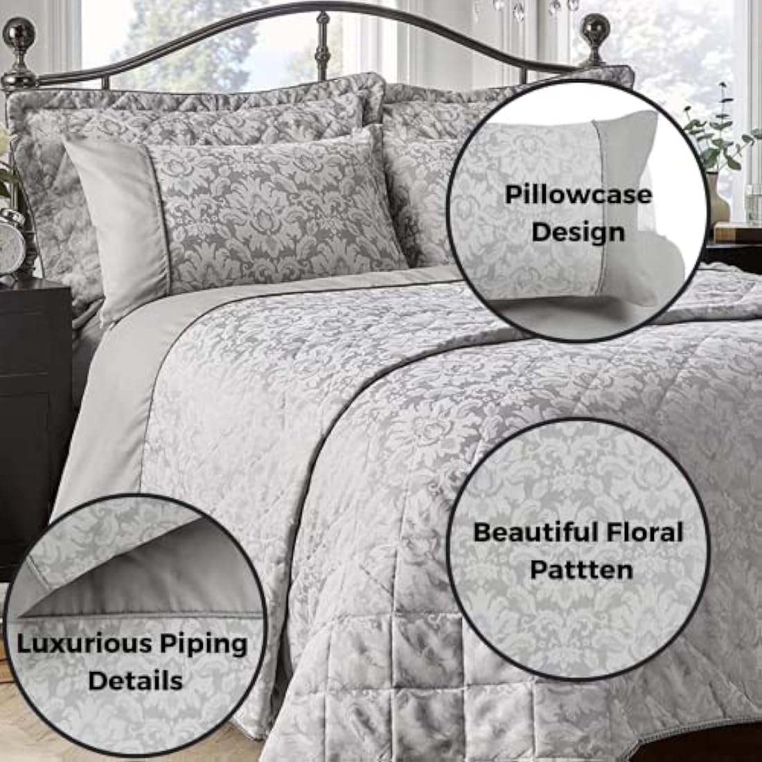 Olivia Rocco Savoy Jacquard Duvet Set Easy Care Double King Super King Size Quilt Covers & Pillowcases Bedding, King, Grey