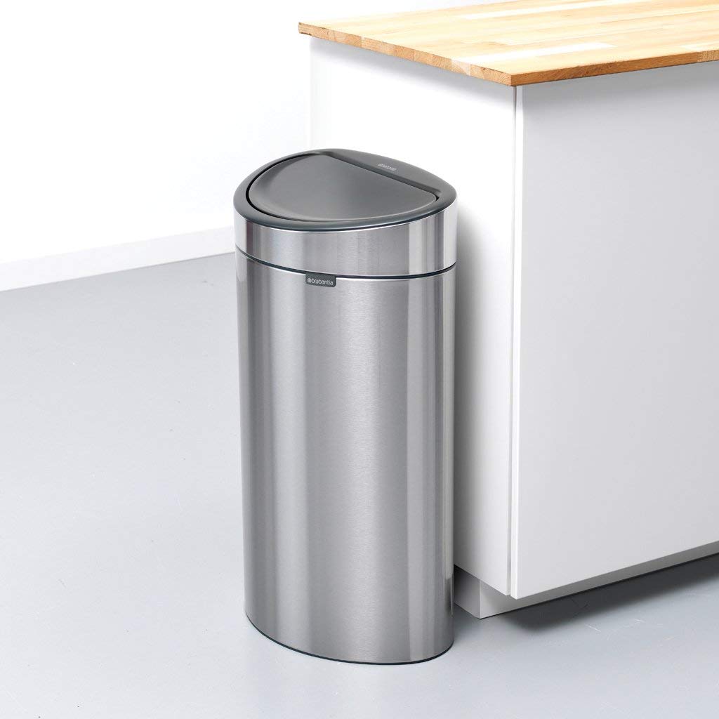 Brabantia 40L Kitchen Touch Bin New (Matt Steel) Removable Lid, Soft-Touch Open, Easy Clean Rubbish Waste Bin + Free Bin Bags