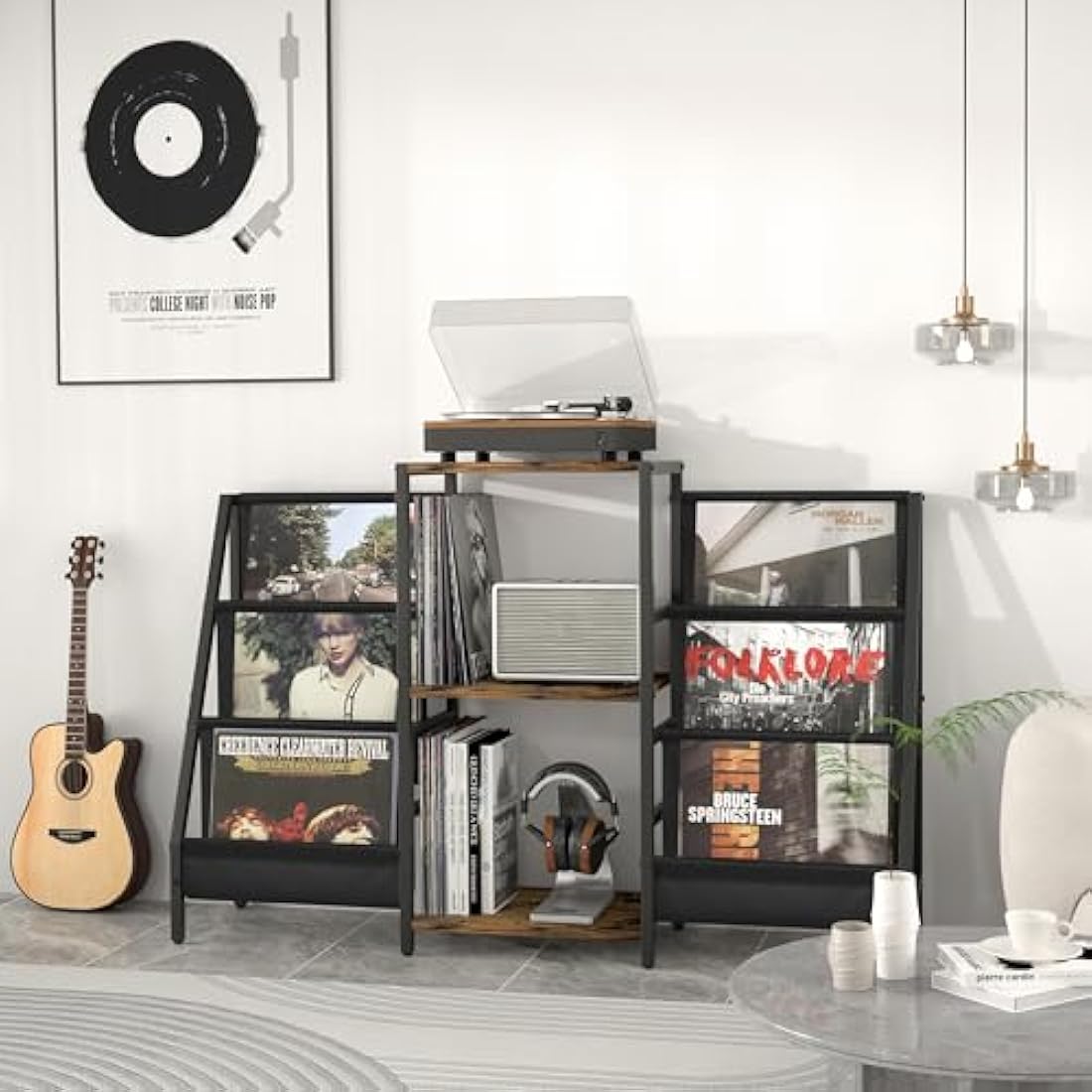 Bikoney Record Player Stand with 280 Album Vinyl Storage, Turntable Cabinet with CD Rack Media Console for Home Audio, Stereo & Vinyl Record Display