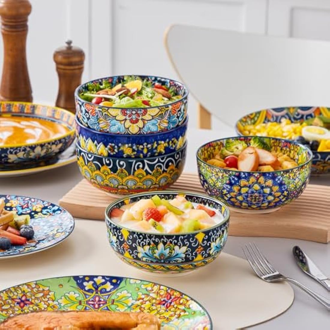 vancasso SIMI Dinner Set- 24 Pieces for 6 People, Porcelain Plates and Bowls Set, Bohemian Style Dinnerware Sets, Scratch Resistant Dinner Service Set, Dishwasher and Microwave Safe
