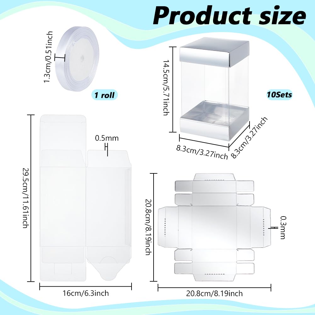 BENECREAT 10Pcs Clear Plastic Gift Box with Silver Paper Lid, Rectangle Gift Packaging Boxes with Polyester Ribbon for Birthdays