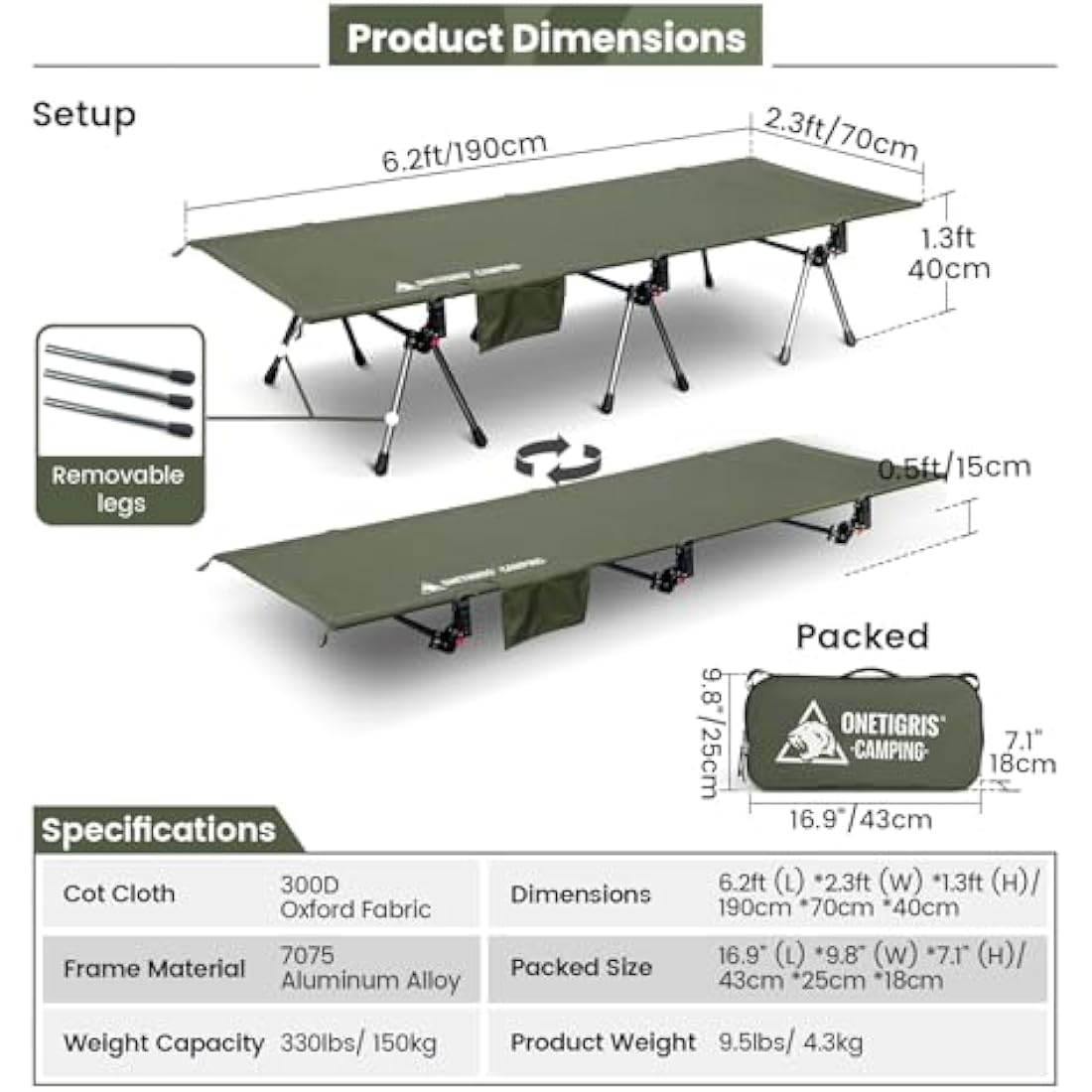 OneTigris SUPRANUBIS Camping Cot, Height Adjustable with Cot Leg Extenders, Strong Support 330lbs, Portable Folding Bed for Camping, Hiking, Travel, Truck, Beach, Office Nap (Ranger Green)