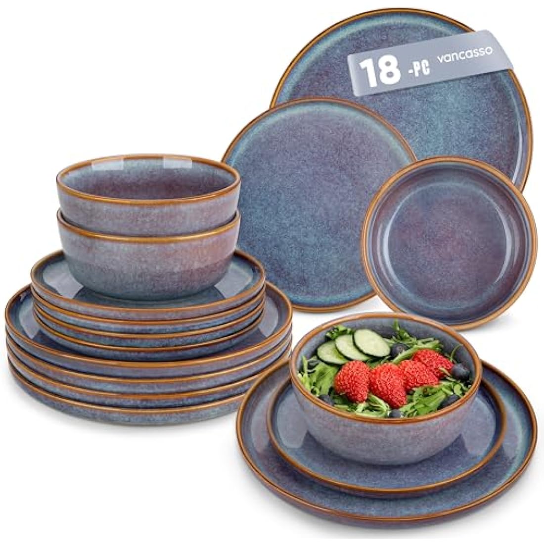 vancasso Playa Dinner Sets for 6 People, 18 Pieces Stoneware Plates and Bowls Set, Scratch Resistant Dinnerware Sets for Everyday Dining, Dishwasher and Microwave Safe, Lavender Blue