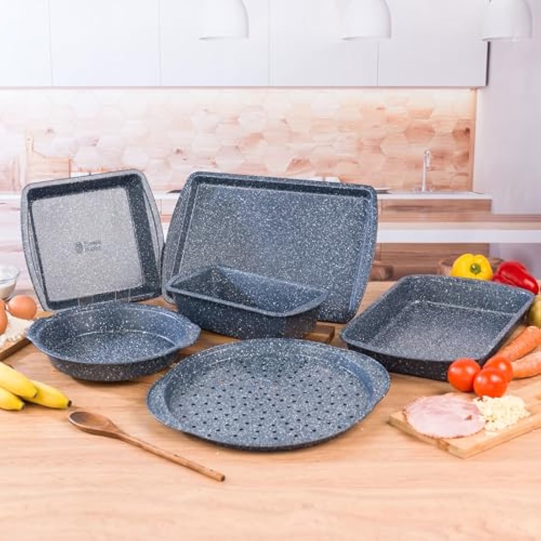 Russell Hobbs COMBO-5437 Nightfall Stone Non-Stick 6-Piece Bakeware Set – Includes Pizza Tray, Baking Tray, Roaster, Loaf Pan and Baking Tins, Durable Carbon Steel Ovenware, Oven Safe Up to 220°C