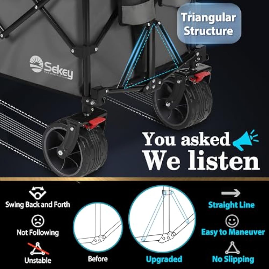 Sekey 200L Folding Festival Trolley with All-Terrain Extra Wide Wheels and Brake, Heavy-Duty Cart Loadable up to 150KG, Patented Four-Directional Foldable Design, Wagon for Beach Camping Outdoor, Grey