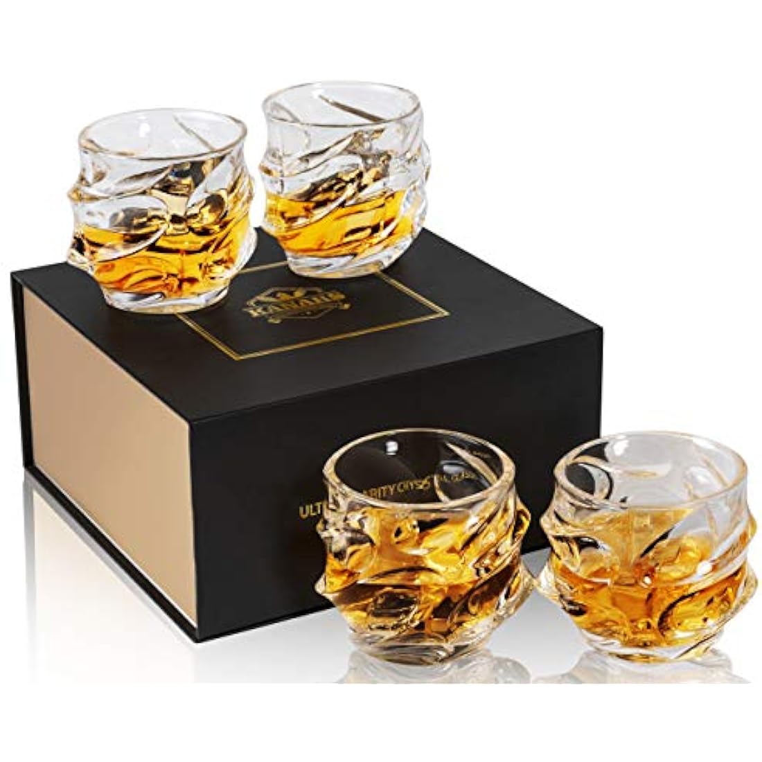 KANARS Whiskey Glasses Set, No-Lead Crystal Whisky Glass 320 ml for Whisky, Cocktail, Martini, Bourbon, Tequila, 4-Piece, Unique Stylish Gift Box