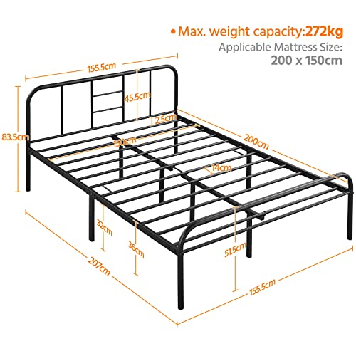 Yaheetech Romantic 5ft King Metal-Framed Bed with High Headboard, Strong Metal-Framed Bed with Storage for Bedrooms, Guestrooms