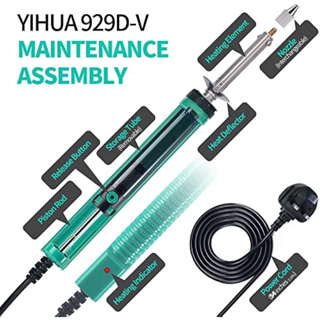 YIHUA 929D-V Electric Vacuum Desoldering Iron Soldering Iron Kit Solder Sucker Desoldering Pump with Shorter Charging Handle and Desoldering Nozzles 1.0mm 1.2mm for Through-Hole Desoldering(UK Plug)