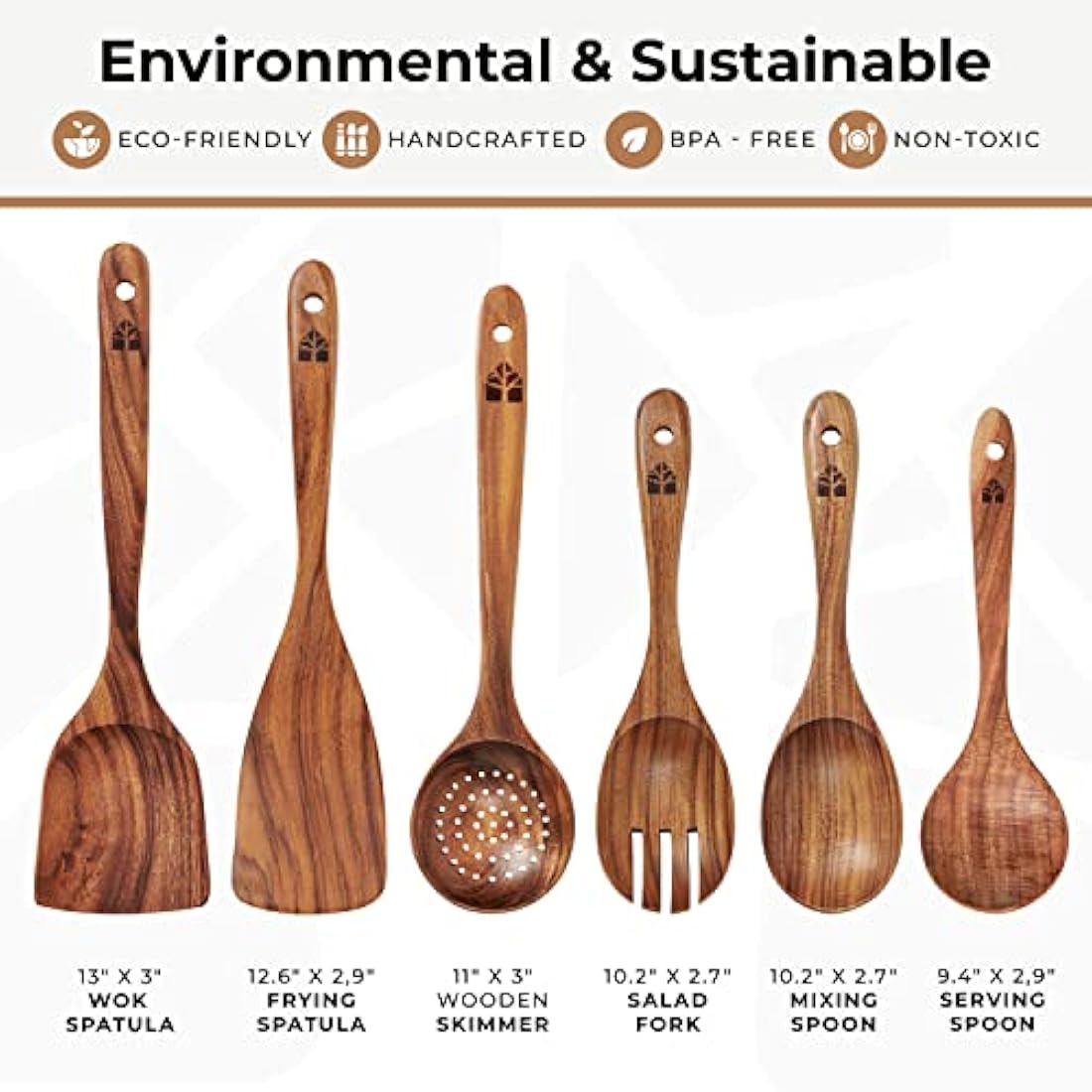 Wooden Utensil Set - 6 Pcs Teak Wooden Spoon Kitchen Utensils Set - Cooking, Mixing, Serving, Slotted Spoons, Salad Fork, Cooking Spatula, Non-Stick & Heat Resistant Kitchen Accessories