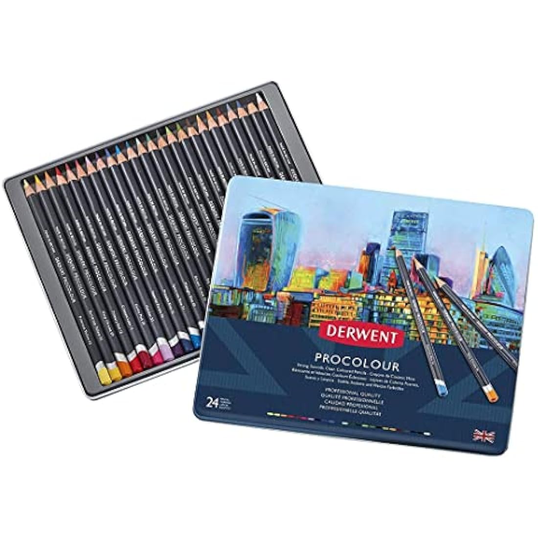 Derwent Procolour Pencils Set Of 24 In Tin, 4mm Round Core, Premium Core Strength, Smooth Texture, Ideal For Fine Art Drawing & Colouring, Professional Quality, 2302506