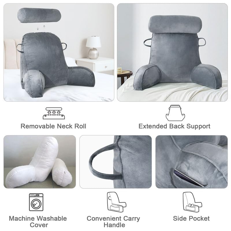 Mingfuxin Reading Pillows for Bed Sofa, Bed Backrest Pillows with Neck Arm Back Support Pillow, Adult Back Reading Cushion with Detachable Neck Roll &