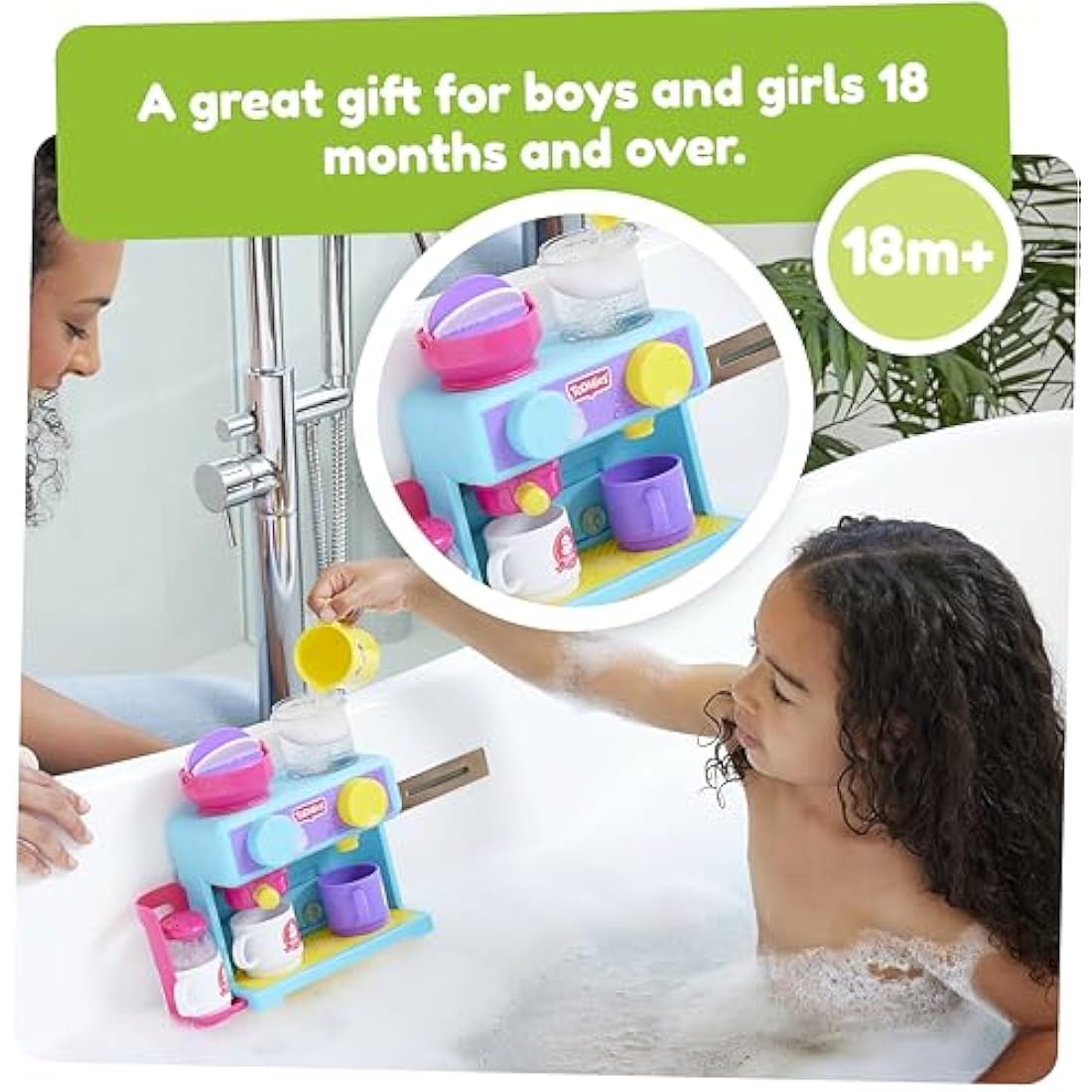 Toomies Bath Barista - Pretend Cafe Baby Bath Toys - Wall Mounted Bubble Bath Play Kitchen Toddler Toys - Kids Kitchen Set Includes 3 Cups, 1 Jug, 1 Shaker - +18 Months Boys Toys & Girls Toys