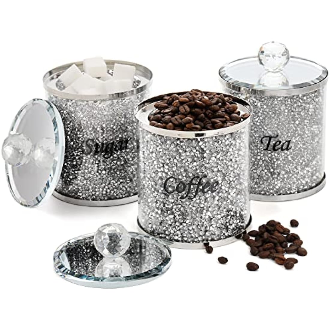 Cedilis 3 Pack Decorative Coffee Tea Sugar Canisters With Crushed Crystal Diamonds, Glass Food Storage Containers, Bling Kitchen Jar for Countertop Decor, Silver