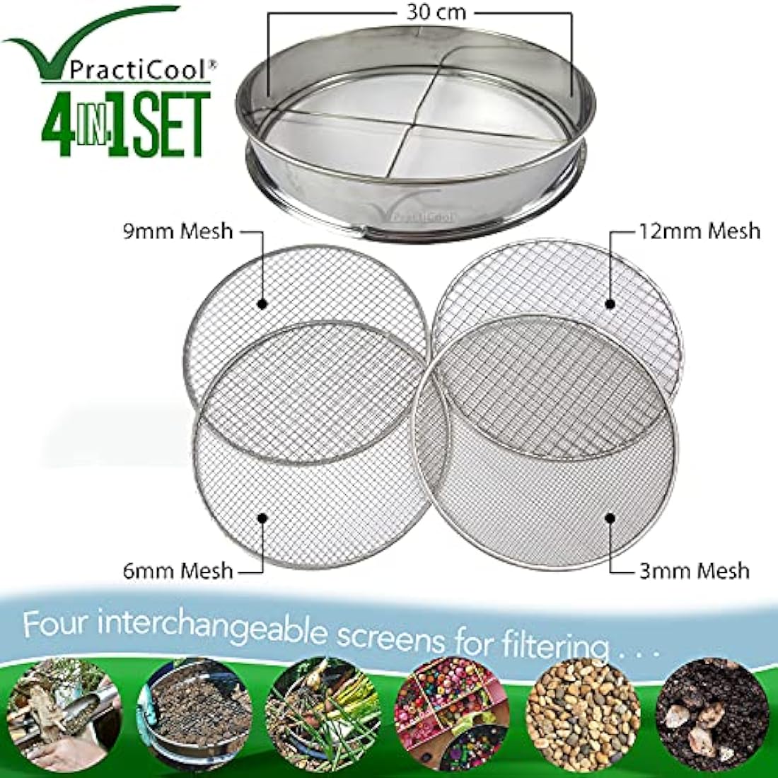 Practicool garden potting mix sieve - stainless steel riddle - soil sifting pan - with 4 interchangeable filter mesh sizes - 3,6,9,12 mm and bonus spade