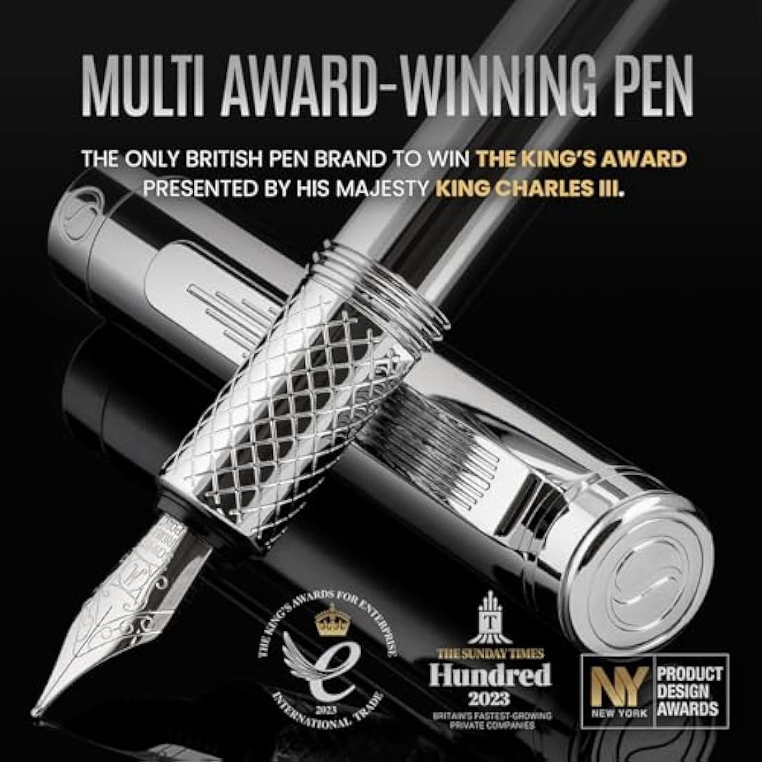 Scriveiner Silver Chrome Fountain Pen (Medium), Award Winning Luxury Pen, Heavy Pocket Pen, Chrome Finish, Schmidt Nib, Converter, Best EDC Writing Pen Gift Set for Men & Women, Nice Office Fancy Pen