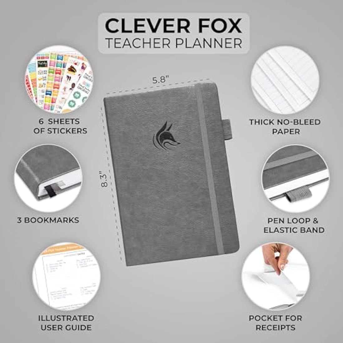Clever Fox Teacher Planner – School Year Planner with Calendars & Lesson Plans – Teacher Plan Book for Classroom & Homeschool Organization - Undated, A5 Size, Hardcover (Grey)