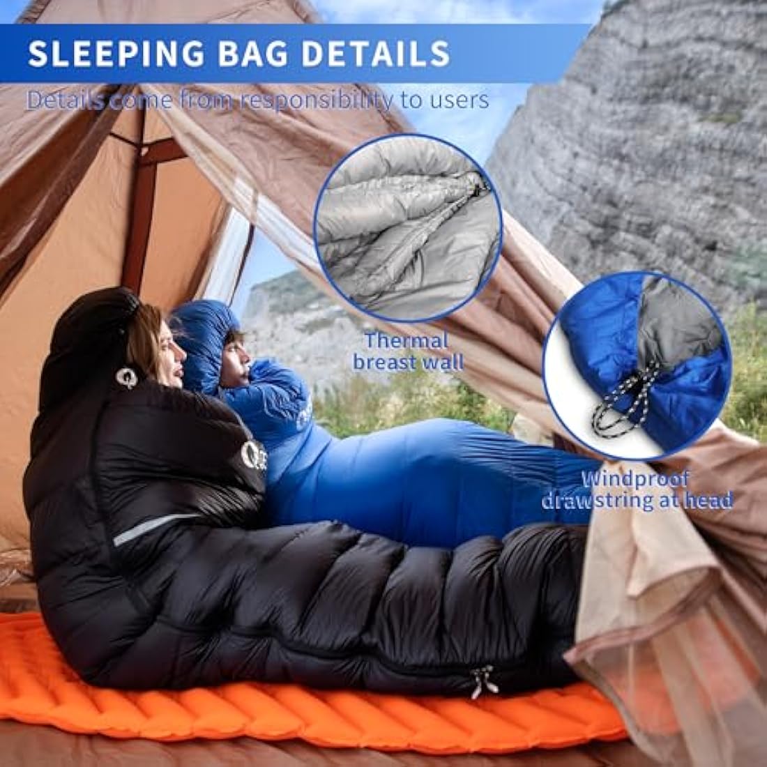 QEZER Down Sleeping Bag,Lightweight Rectangular Winter Sleeping Bag [1180g/1860g] for Adults and Kids 4 Season Camping, Hiking,Warehouse and Moutaineering Outdoor