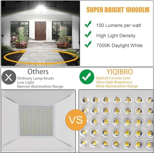 YIQIBRO 100W LED Floodlight Outdoor 2 Pack, IP67 Waterproof Outside Security Lights, 10000LM 7000K Cool White LED Floods Light Outdoor Spotlight for Garden, Garage, Warehouse, Workshop, Factory
