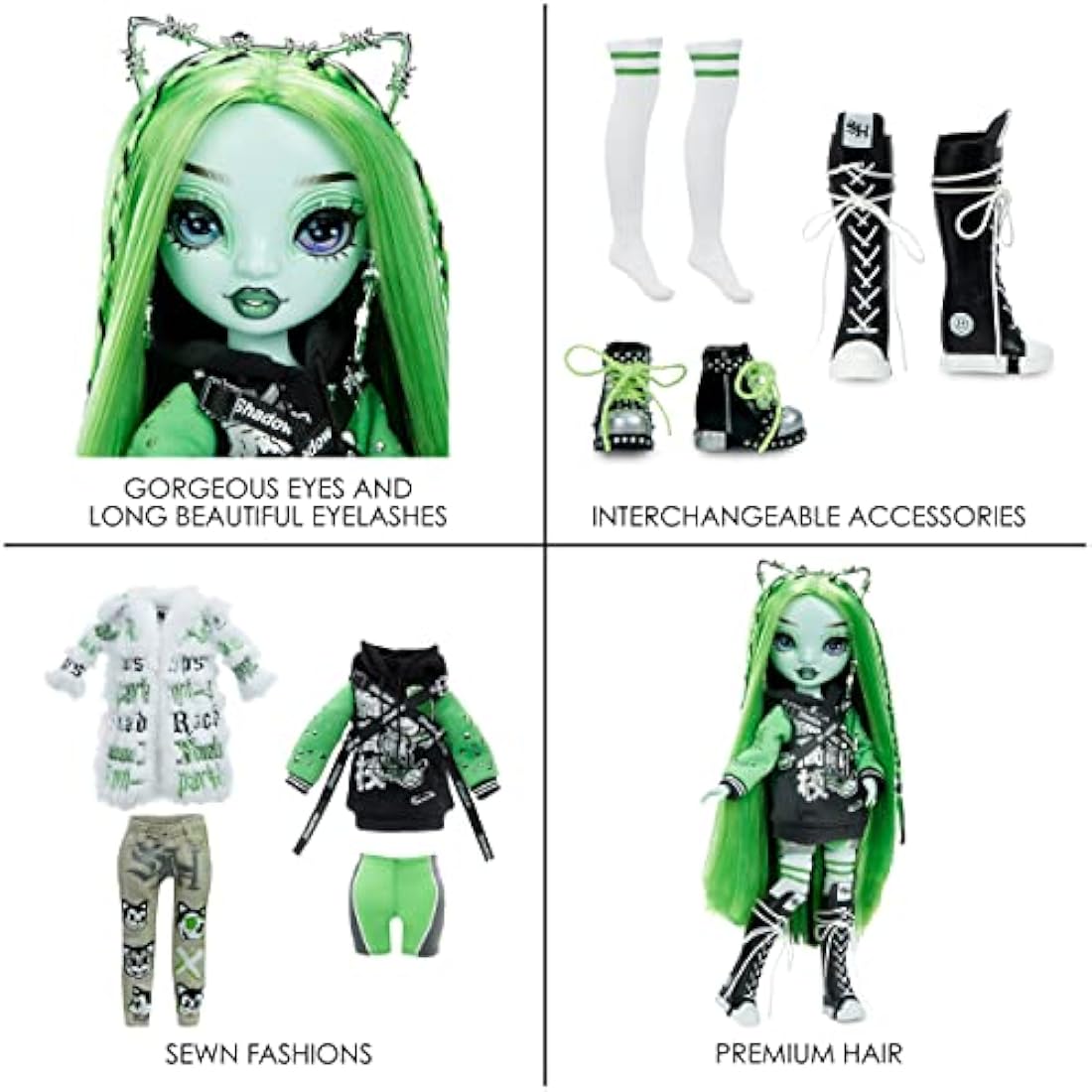 Shadow High Rainbow Vision Neon Shadow - HARLEY LIMESTONE - Neon Green Fashion Doll, Mix & Match Designer Outfits and Rock Band Accessories Playset - For Kids and Collectors Ages 6+
