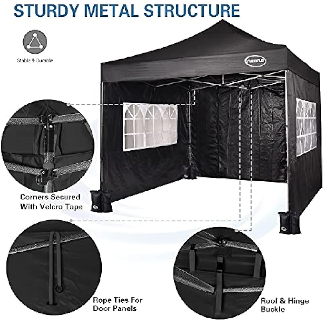 MAXIMUS HEAVY DUTY POP UP GAZEBO 3m x 3m COMMERCIAL MARKET STALL WITH 4 WEIGHT BAGS (4 Walls, Black)