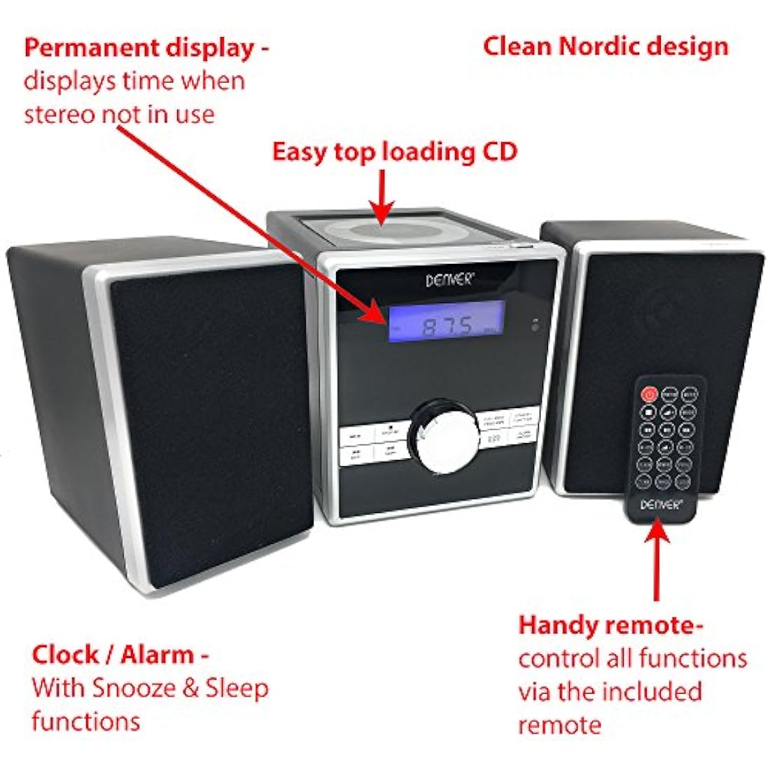 Denver Mini HiFi System CD Player For Home With Speakers - CD Micro System Mains Operated with FM Radio, Clock Radio Alarm, Snooze & Sleep, AUX IN, Remote Control – MCA-230