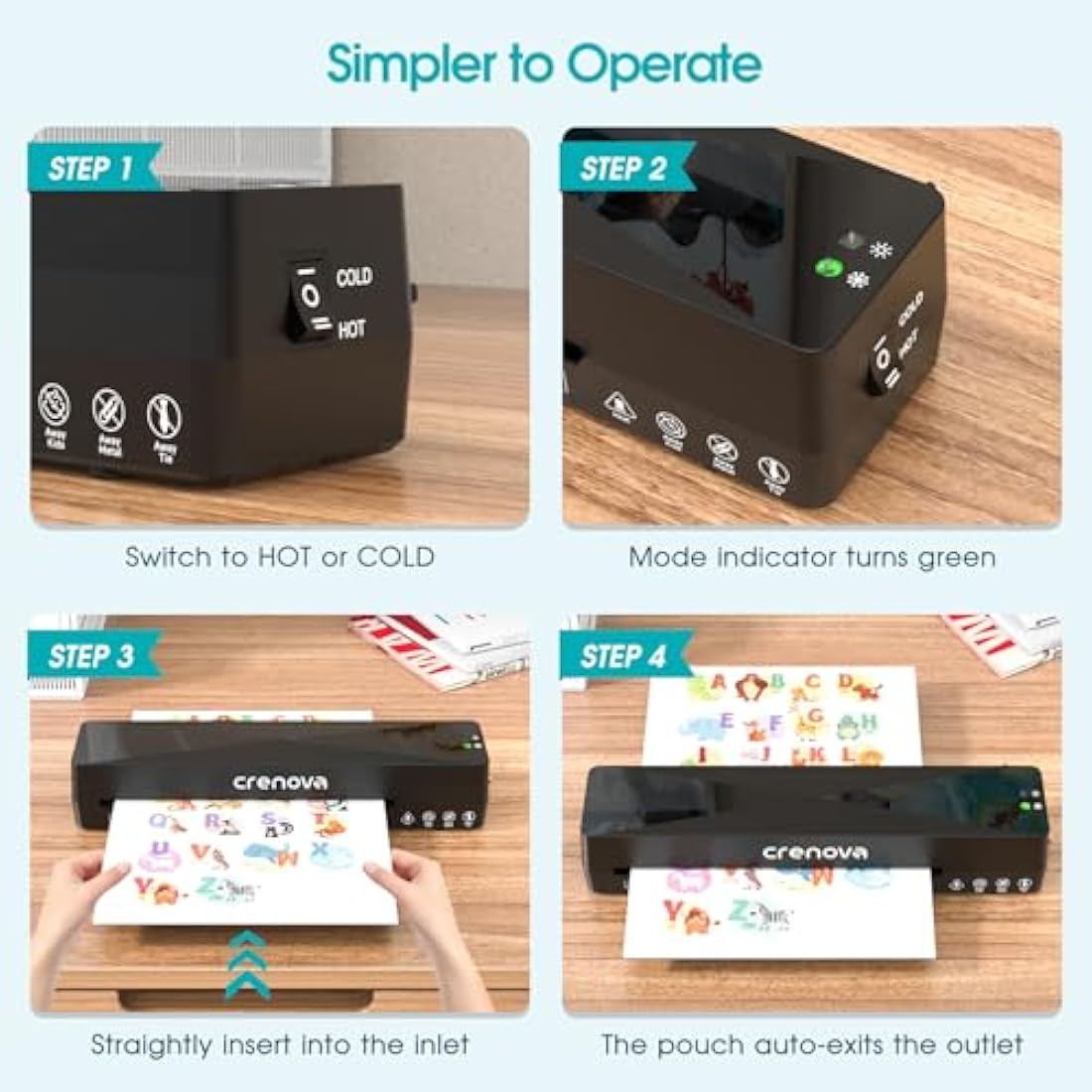Crenova A4 Laminator, Thermal Laminator Machine for Hot and Cold Settings with 10 Laminating Pouches No Bubbles for School Home Use (Black)