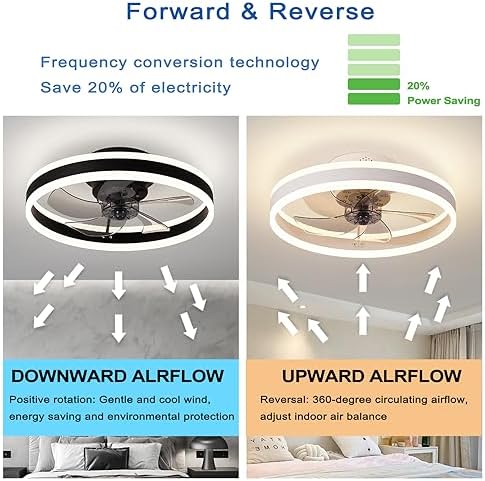 OMGPFR LED Ceiling Fan with Lights, Reversible Remote, 6 Speeds Modern Bedroom Fan Light, Quiet Dimmable Small Ceiling Light for Living Room, Black 50CM