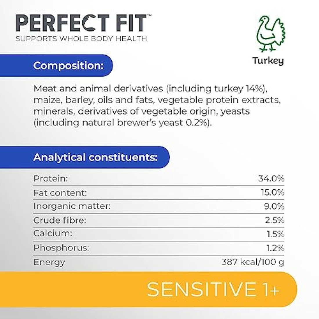 Perfect Fit Sensitive Adult 1+ Complete Dry Cat Food for Adult Cats Aged 1+ Years, Rich in Turkey, 1 Bag (7 kg)
