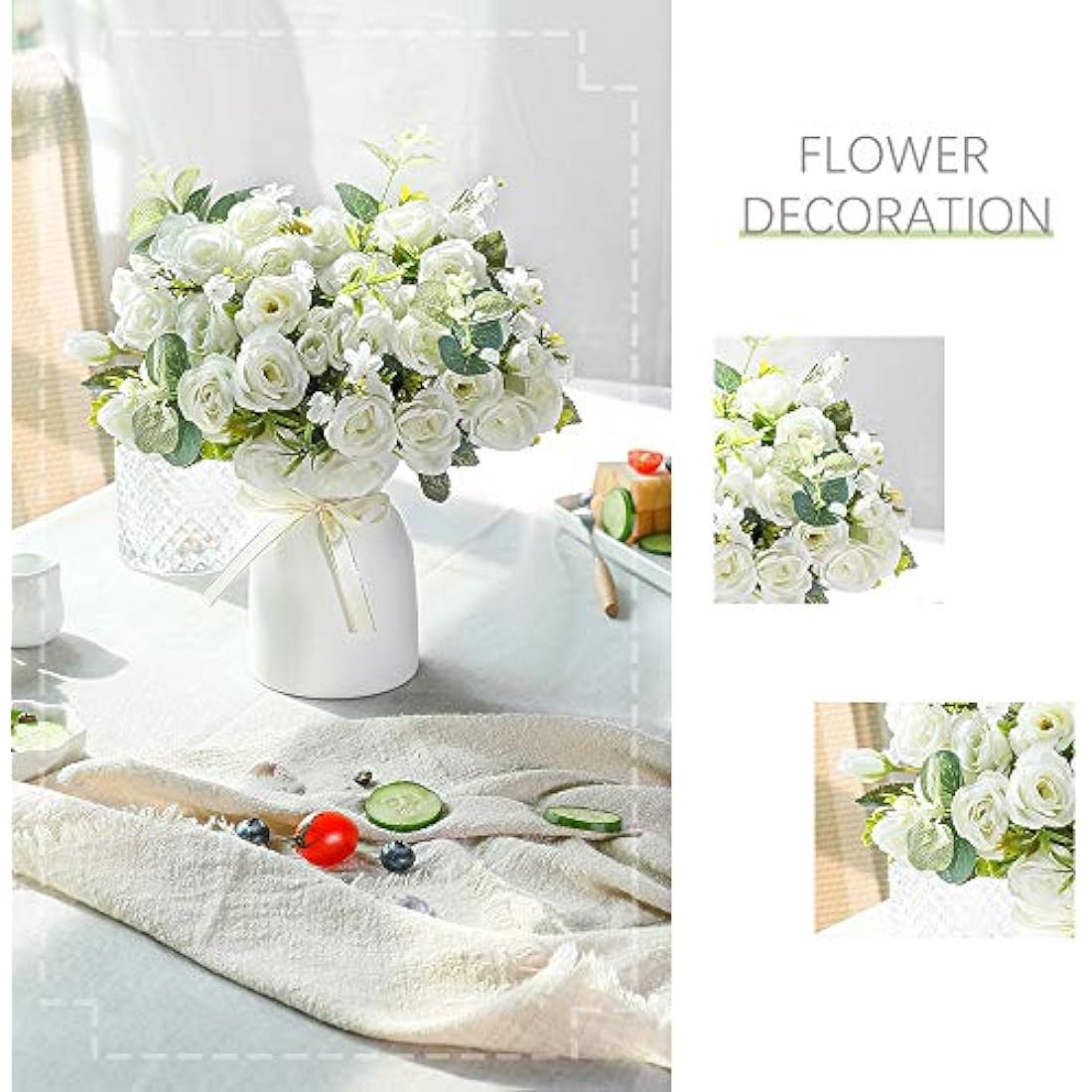 LESING Artificial Silk Rose with Vase Fake Flowers Wedding Flowers Bouquets Arrangement Home Office Party Centerpiece Table Decoration (White)