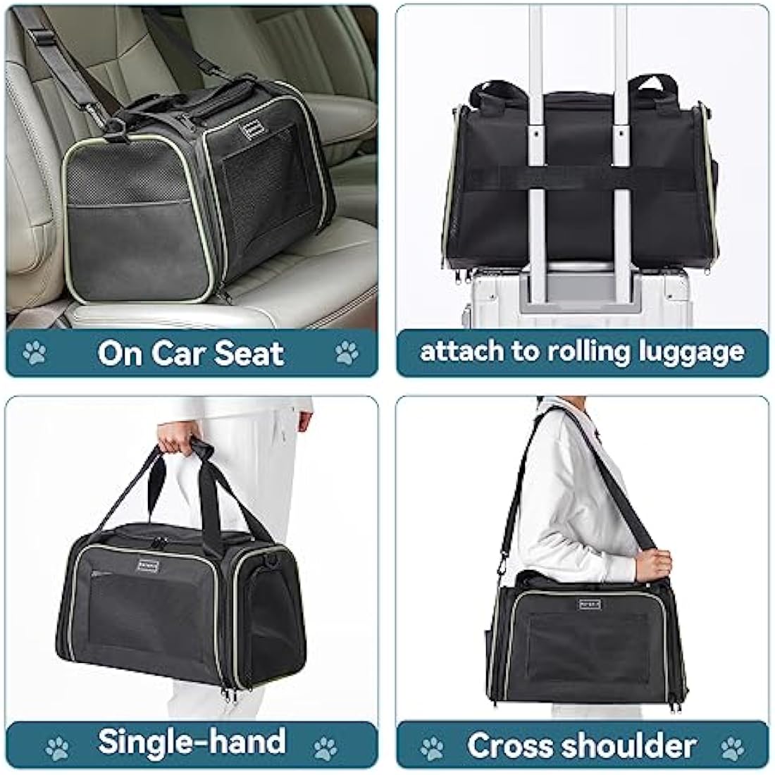 PETSFIT Soft Cat Carrier with Extendable Fleece Pet Mat, Kitty Carrier Airline Approved with Safety Leash for Pets Up to 12 Lbs (44 * 26.5 * 27CM, Black)