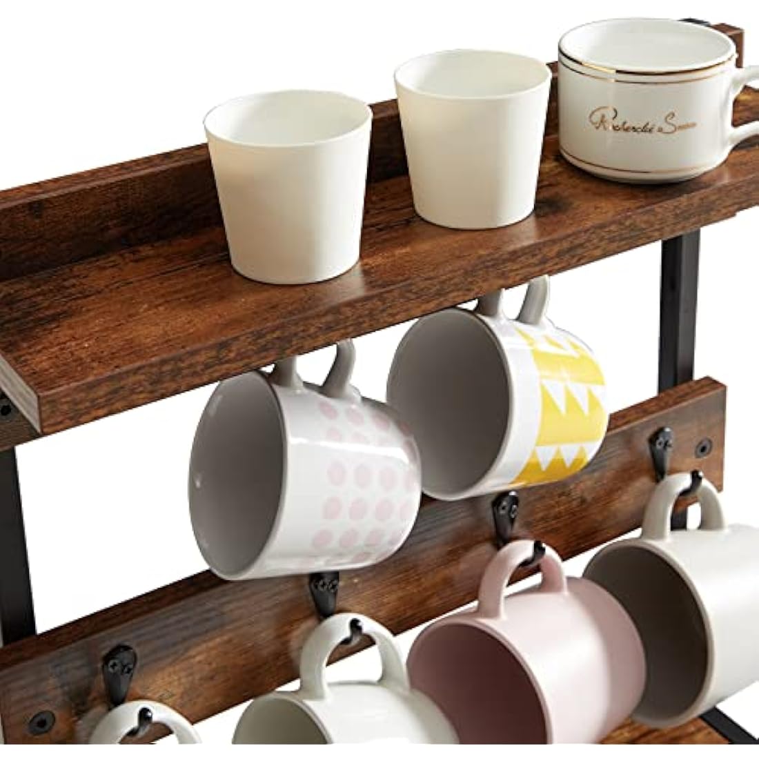 IBUYKE Rustic Coffee Mug Holder Stand, 2 Tier Countertop Mug Tree Holder Rack with Storage Base, Vintage Mug Holders for Kitchen, Holds 8 Mugs, Rustic Brown TBJ002H