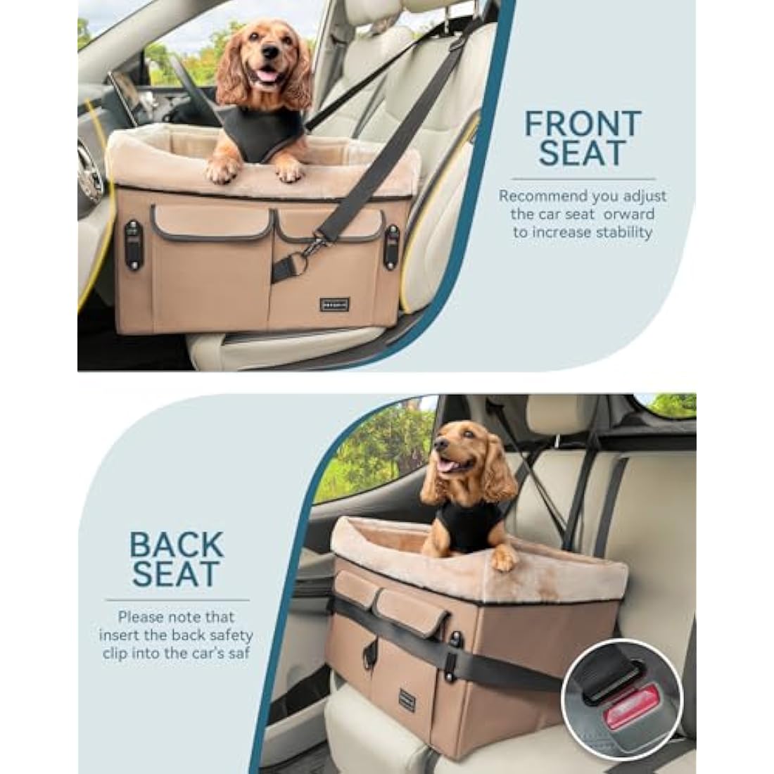 Petsfit Dog Car Seat Medium Sized Dog, with Patent Buckles, Washable Pad, Upgraded Booster Car Seat Up to 20 KG, Khaki