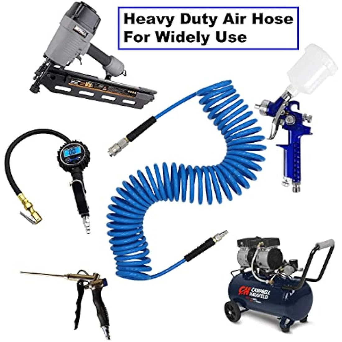 YOTOO 2 Pcs Air Compressor Hose Polyurethane Recoil 10m Long 6mm ID x 9.5mm OD with Bend Restrictor, 1/4" Europe Quick Coupler and Plug, Blue