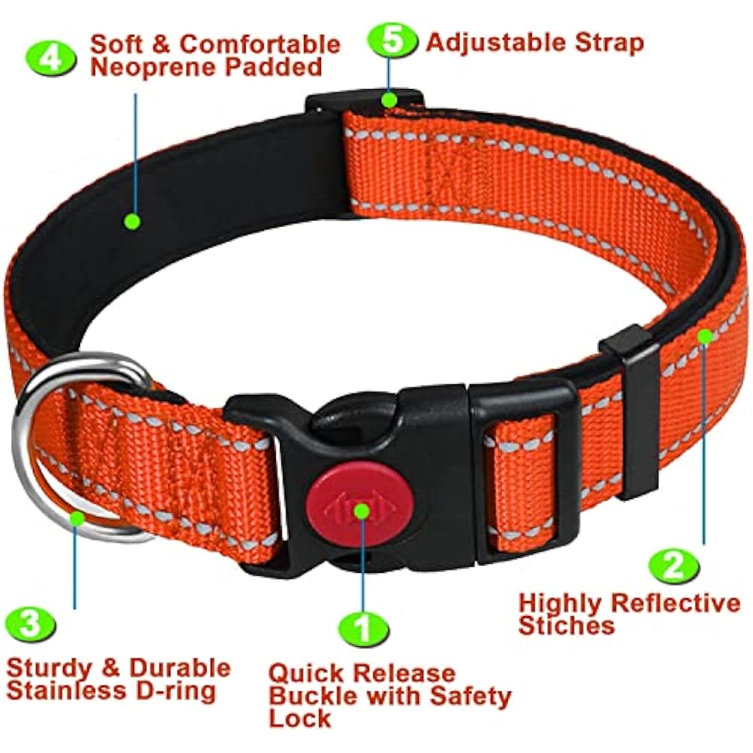 ATETEO Dog Collar, Reflective Dog Collar, Padded Breathable Soft Neoprene Nylon Pet Collar Adjustable for Medium Dogs, Orange, M: 13-19.7 inch
