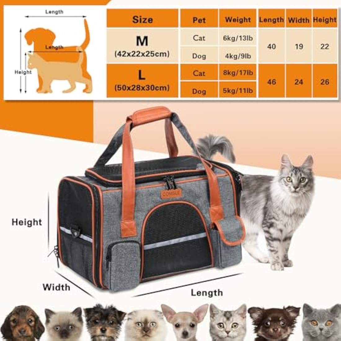 COMSLE Pet Carrier Bag Large for Cat Dogs up to 8kg, Airline Approved Portable Dog Travel Bag Suitable for Long and Short Trips with 5 Sides Breathable Mesh, Soft Removable Mat and Shoulder Strap